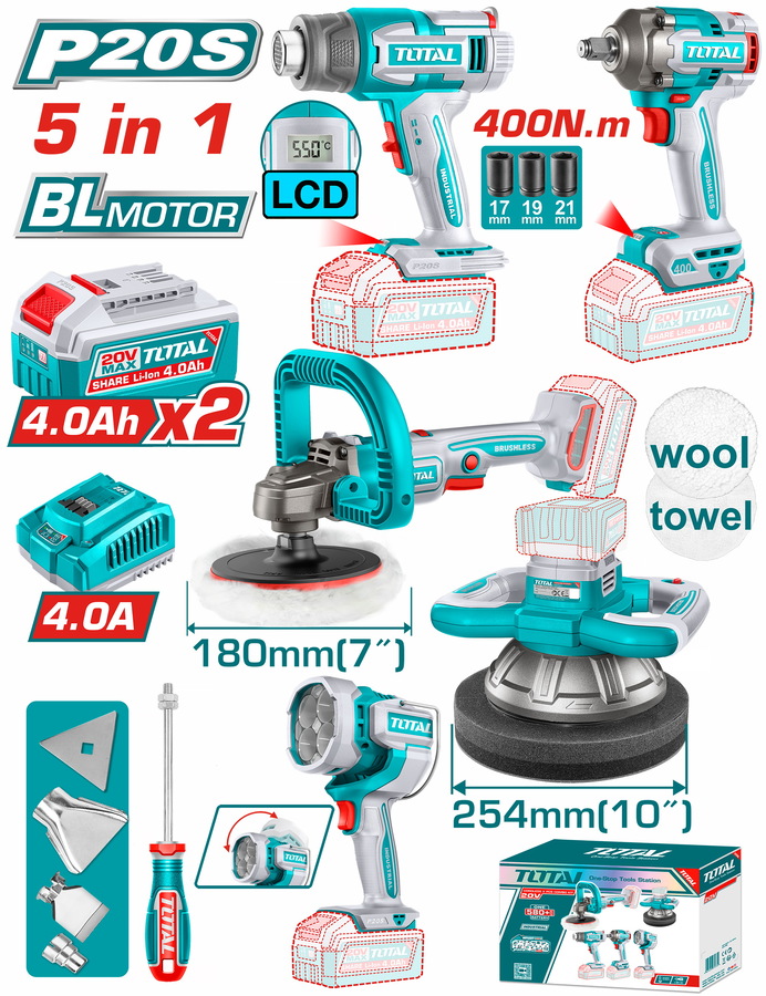 TOSLI250592E TOTAL ΕΠΑΓΓ. ΣΕΤ 5τεμ ΕΡΓΑΛΕΙΩΝ ΜΠΑΤ. Li-ion 20V / 4Ah / 2 ΜΠΑΤΑΡΙΕΣ BL Motor (TOSLI250592E) - Image 1